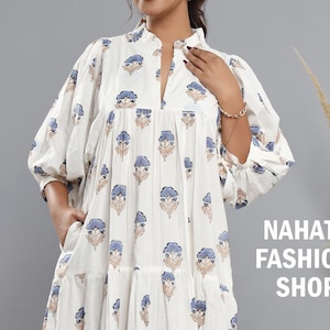 cotton little boy blue hand block printed floral long maxi dress - frill collar bohemian dress