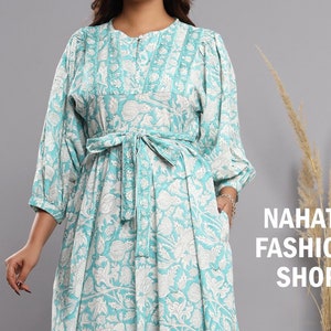 powder blue cotton hand block printed floral long maxi dress - 3/4th sleeve bohemian dress