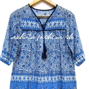 Blue Floral Boho Girls Maxi Dress – Cotton Long Sleeve Tassel V Neck Kids Dress