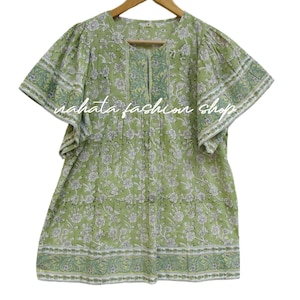 Green floral cotton block print boho blouse – short sleeve loose fit Indian tunic top – summer handprinted bohemian shirt