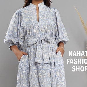 beau blue cotton floral hand block printed long maxi dress - frill collar bohemian dress