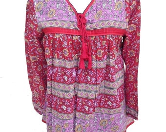 rayon floral printed Indian women blouse and tops - v neckline with tassel boho blouse - long sleeve Indian blouse