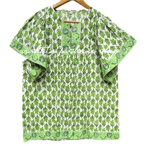 Grünes Kaktus Block bedrucktes Baumwollblusenoberteil - geteilter Ausschnitt indische Bluse - kurze Kimonoärmel Bohobluse