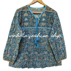 bluish paisley printed cotton blouse and tops - long sleeve Indian blouse - v neckline with tassel summer blouse