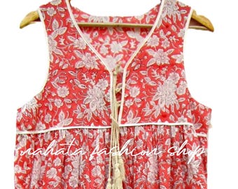 indian red gorgeous floral printed cotton travel wear maxi dress - sleeve less dress - v neckline with tassel Indian maxi