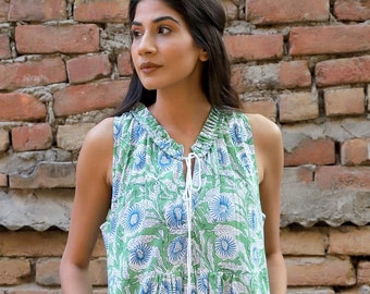 summer green blue floral block printed cotton maxi dress - ruffle Henley neckline with tassel bohemian dress - sleeveless long maxi