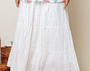 White Cotton Eyelet Embroidered Skirt – Boho Maxi Skirt with Tassel Tie Waist – Summer & Resort Wear