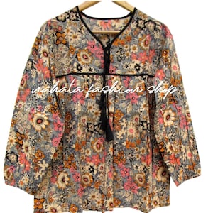 Multicolor Floral Boho Blouse – Rayon Long Sleeve Tunic with Tassel V Neck