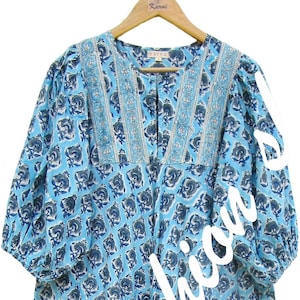 autumn blue floral cotton hand block printed maxi dress - Henley neckline with button bohemian dress - 3/4th sleeve long maxi dress