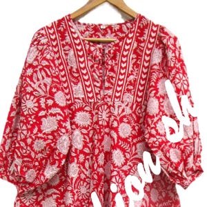 red floral printed cotton maxi dress - Henley neckline with button maxi dress - 3/4th sleeve with button maxi dress