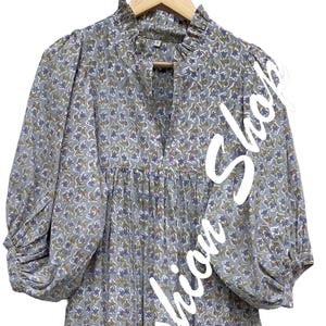 Blue floral block print cotton dress - puff sleeve ruffle collar midi dress - vintage boho tiered Indian cotton dress