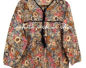 Multicolor Floral Boho Blouse – Rayon Long Sleeve Tunic with Tassel V Neck