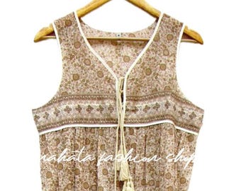 desert theme floral printed cotton long maxi dress - sleeve less summer cool look dress - v neckline with tassel Indian maxi