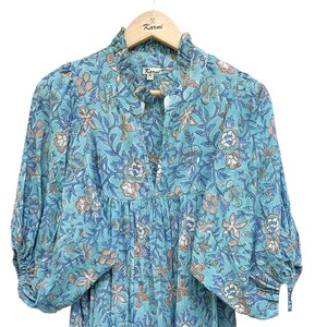 blue cotton floral hand block printed long maxi dress - V neckline summer dress - 3/4th sleeve bohemian maxi
