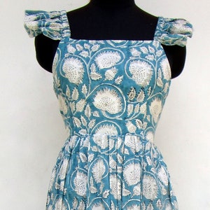 blue ocean block printed cotton floral maxi dress - square neckline with back strap bohemian maxi - short sleeve long dress