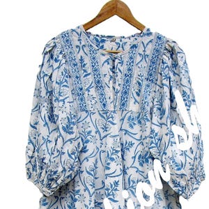 beautiful blue block printed floral cotton long maxi dress - Henley neckline with button dress - 3/4th sleeve bohemian maxi