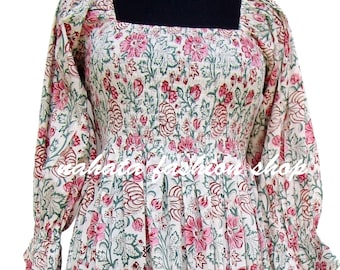 summer floral hand block printed maxi dress - square neckline with smocked cotton dress - long sleeve bohemian maxi