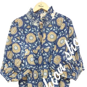 indian blue-yellow floral printed women&#39;s maxi dress - frill collar with belt cotton long dress