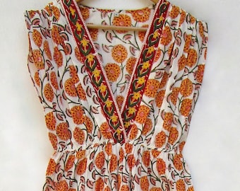 Orange Floral Cotton Jumpsuit – Sleeveless Bohemian V-Neck