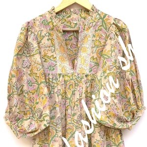 Pastel Floral Block Print Maxi Dress – Cotton Frill Neck Boho Dress with 3/4 Sleeves & Belt