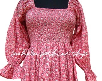 bohemian pattern printed long maxi dress - square neckline with smocked cotton maxi - long sleeve Indian look dress