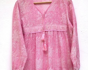 summer vibrant cotton printed pink long dress | long sleeve v neck dress with tassel  | summer women&#39;s maxi