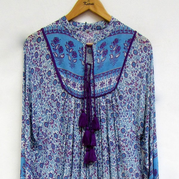 rayon blue purple printed maxi dress - collared neckline with tassel summer maxi dress - long sleeve boho maxi dress