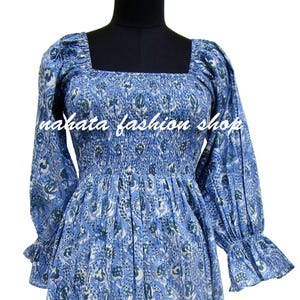 boho blue maxi dress - square neckline with smocking dress - long sleeve maxi