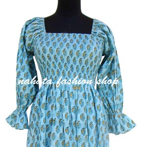 cotton sky blue floral block printed maxi dress - square neckline with smocked long dress - long sleeve bohemian maxi