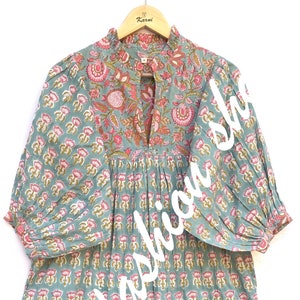 cotton green-pink floral hand block printed women&#39;s maxi dress - frill collar with belt maxi dress