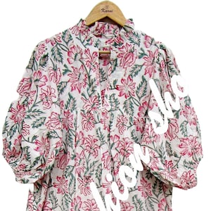 summer pink green block printed cotton maxi dress - v frilled collar neckline bohemian dress - 3/4th sleeve long maxi