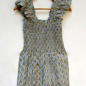 cotton green floral block printed jumpsuit - short sleeves bohemian jumpsuits - square neckline with smocked jumpsuit