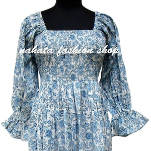 summer light blue floral block printed cotton maxi dress - square neckline with smockedlong dress - long sleeve bohemian maxi