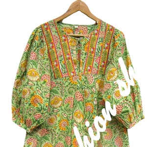 green block printed floral cotton long maxi dress - Henley neckline with button summer dress - 3/4th sleeve bohemian maxi