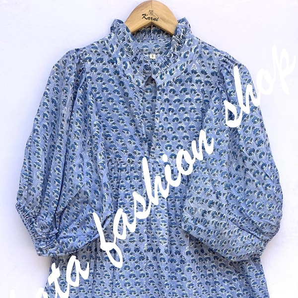 cotton blue pattern block printed women's maxi dress - frill collar with belt indian maxi dress