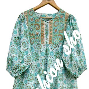 Turquoise boho block print maxi dress - cotton long dress with button yoke - puff sleeve Indian floral summer dress