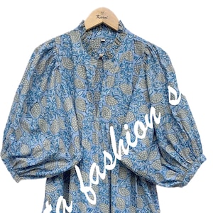 blue grey leaf floral printed cotton maxi dress - v neckline boho summer dress - 3/4th sleeve block print long dress