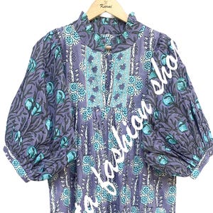 indian blue floral block printed women&#39;s maxi dress - frill collar with belt cotton long dress - 3/4th sleeves boho dress