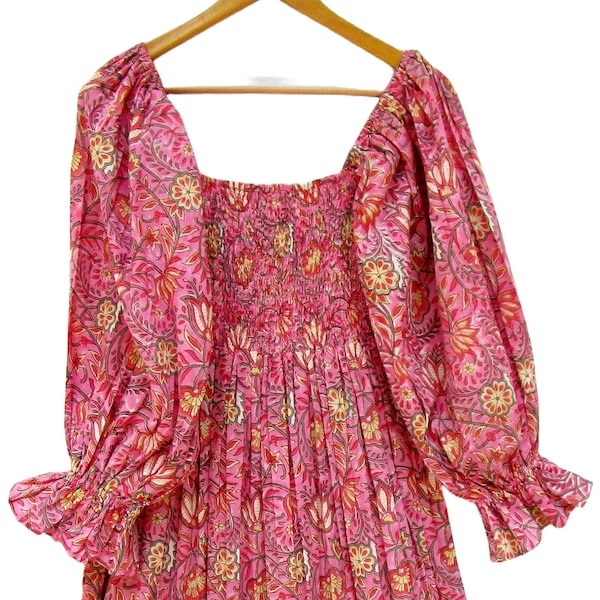 floral bohemian trap printed cotton long maxi dress - square neckline with smocking summer maxi dress - long ruffle sleeve print maxi dress
