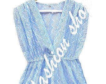 cotton blue geometrical pattern hand block printed women's jumpsuit - deep v neckline summer wear jumpsuit
