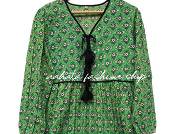 stylish cotton dark green floral printed women maxi dress - v neckline with tassel Indian dress - long sleeve boho maxi