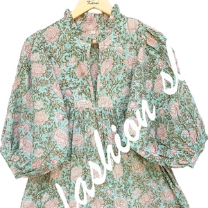 cotton green-pink floral block printed women&#39;s maxi dress - frill collar with belt summer long dress