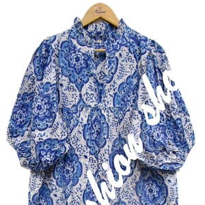 Blue Mughal Floral Cotton Maxi Dress - Henley Neck 3/4 Sleeve Boho Block Print Dress