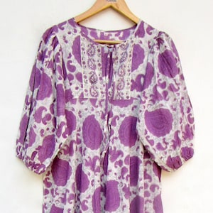 purple paisley printed maxi dress - Henley neckline with cotton ties cotton dress - 3/4th sleeve boho maxi
