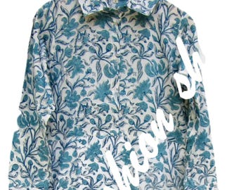 summer blue floral block printed cotton maxi dress - collared neckline with button long dress - long sleeve bohemian maxi