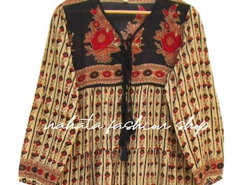 bagru beige floral printed cotton long maxi dress - v neckline with tassel winter wear dress - long sleeve ethnic style maxi
