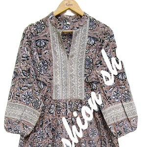 brown blue floral block printed winter women cotton maxi dress - v neckline summer maxi long dress - long sleeve bohemian maxi
