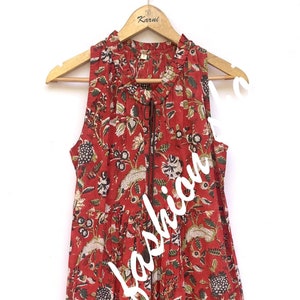 cotton red floral block printed women&#39;s maxi dress - V neckline with tassels casual long dress - sleeveless boho dress