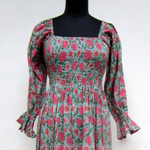 summer rose hand block printed long maxi dress - square neckline with smocked cotton dress - long sleeve bohemian maxi