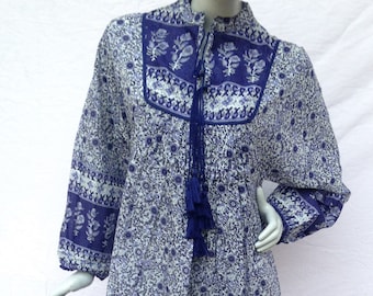 summer blue purple rayon printed maxi dress - collared neckline with tassel long maxi dress - long sleeve bohemian maxi